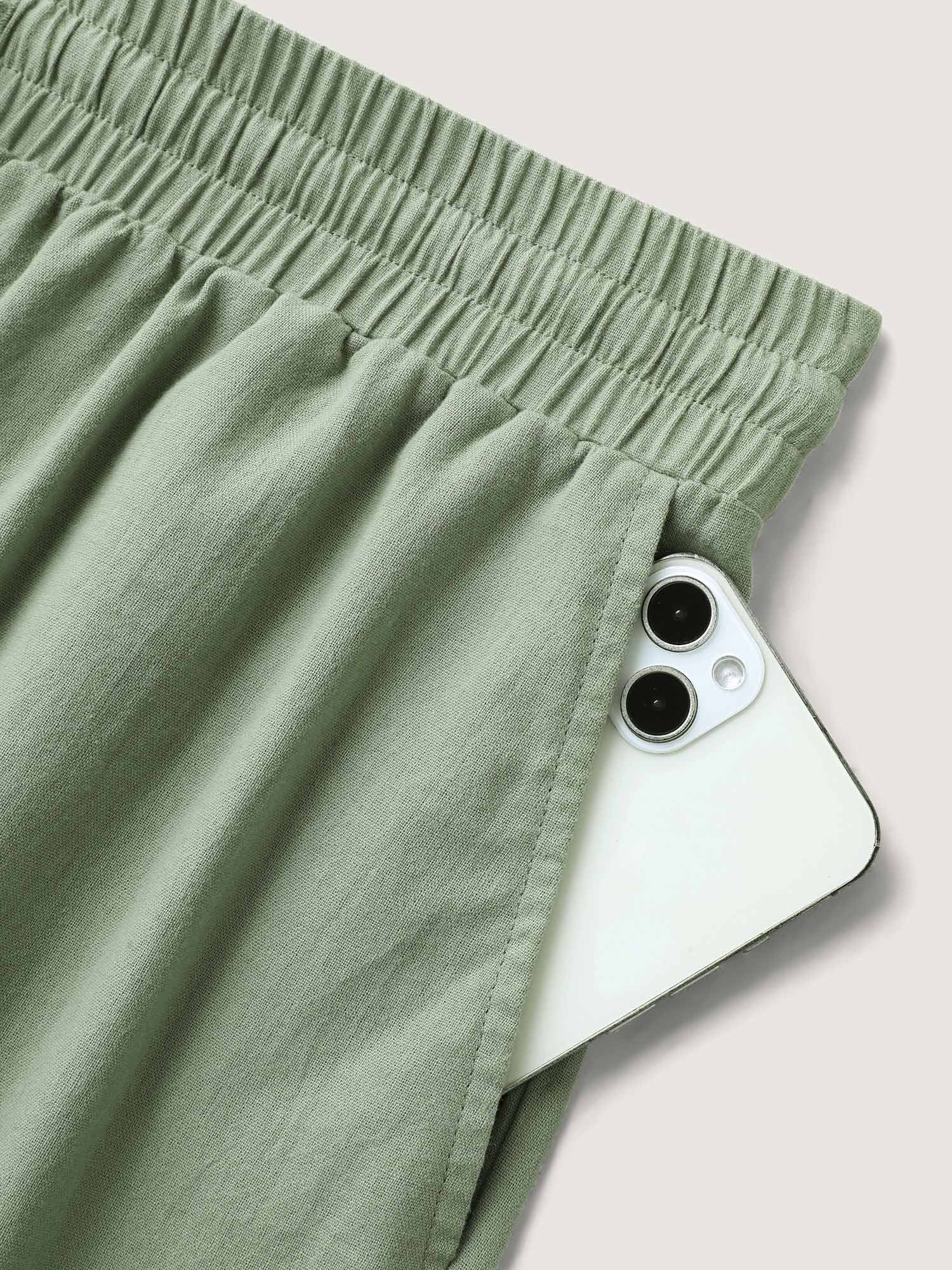 Cotton Shirred Drawstring Solid Wide-Leg Pants - Image 7