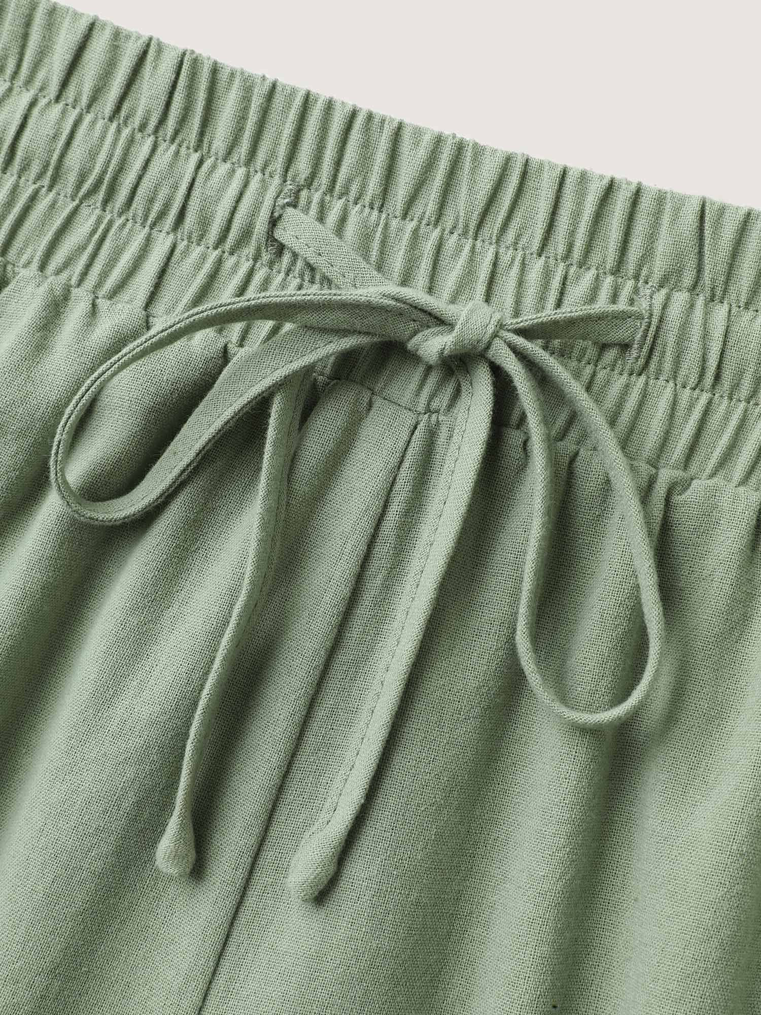 Cotton Shirred Drawstring Solid Wide-Leg Pants - Image 8
