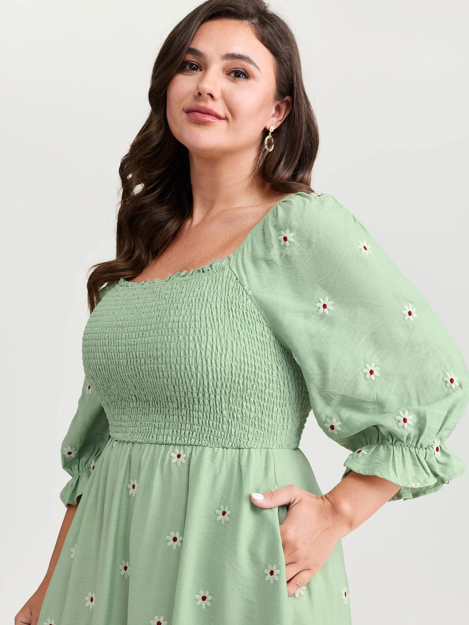 Shirred Embroidered Square Neckline Tiered Midi Dress - Image 2