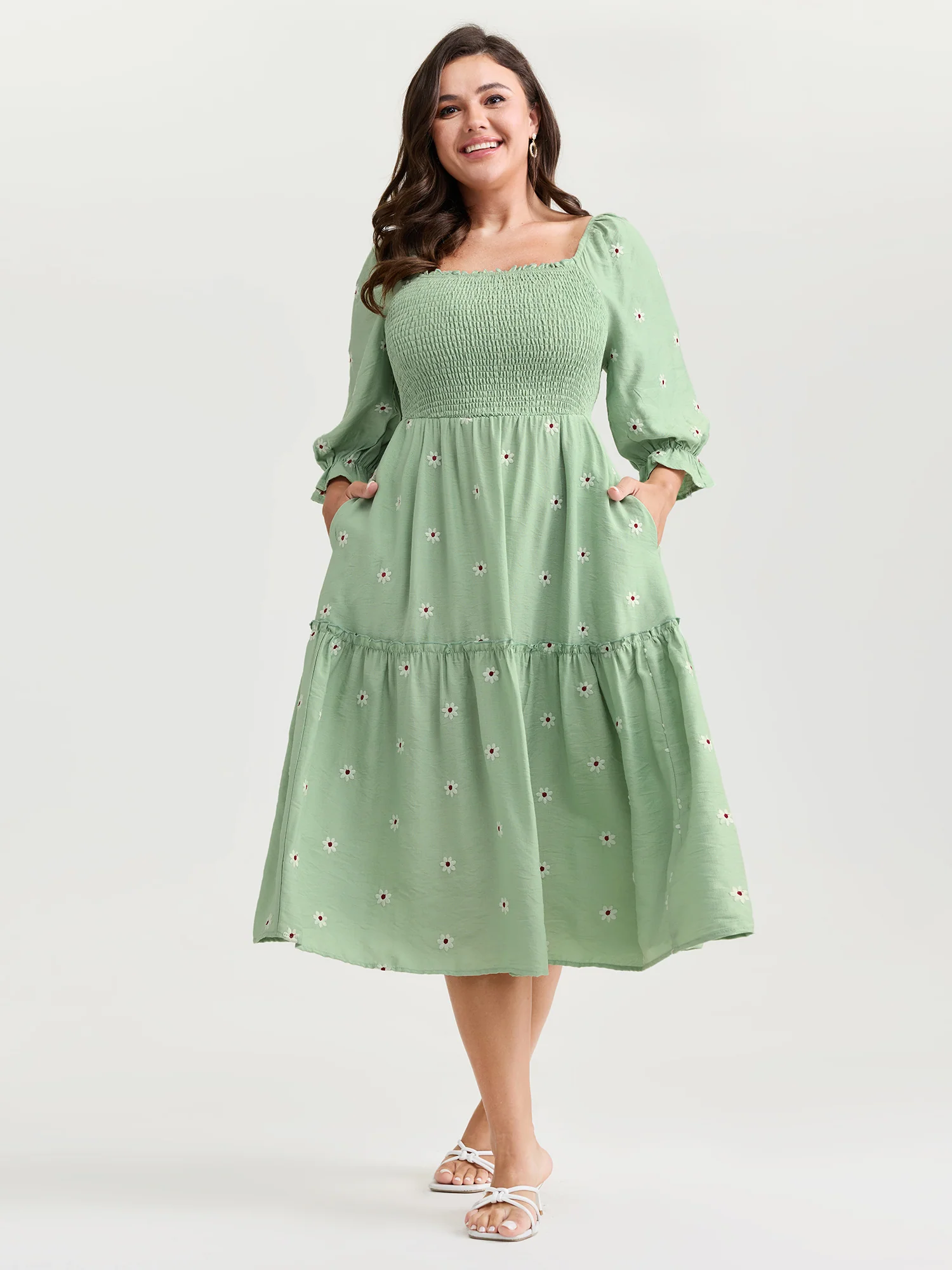 Shirred Embroidered Square Neckline Tiered Midi Dress - Image 3