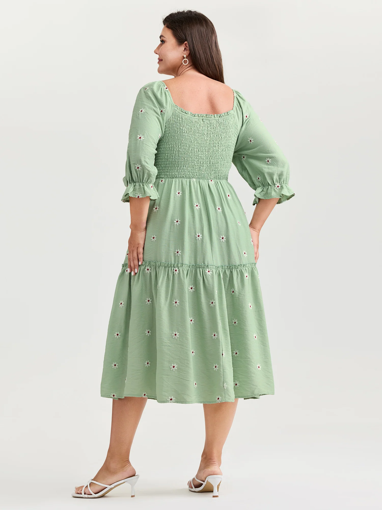 Shirred Embroidered Square Neckline Tiered Midi Dress - Image 4