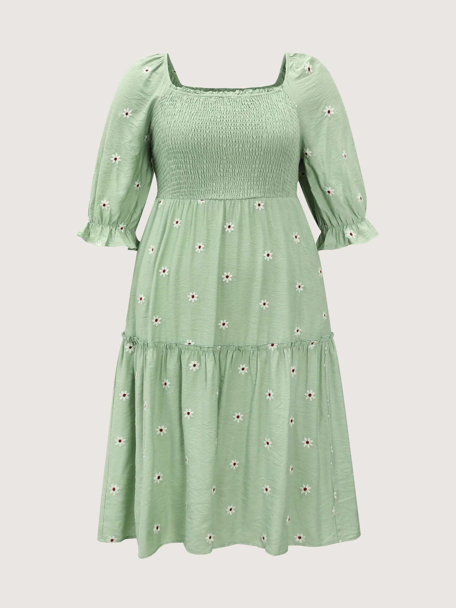 Shirred Embroidered Square Neckline Tiered Midi Dress - Image 7