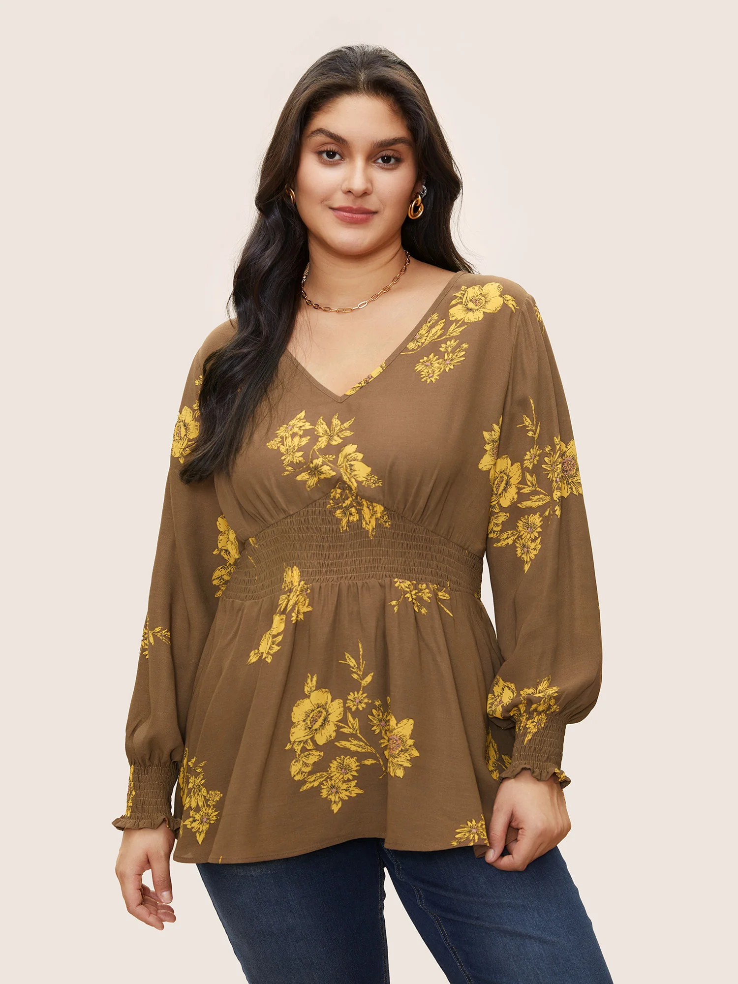Shirred Floral Elastic Waist Lantern Sleeve Blouse - Image 2
