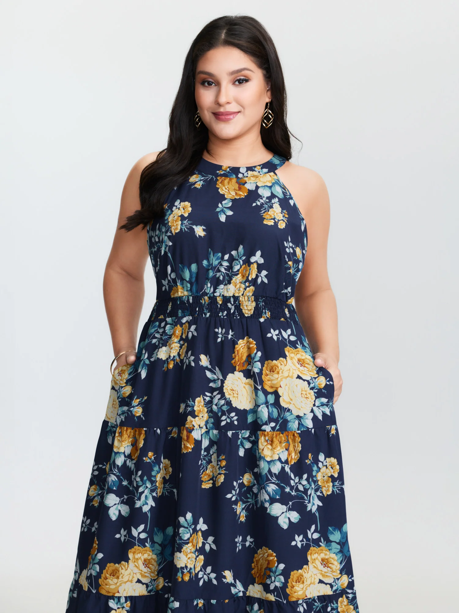 Shirred Floral Print Halter Neckline Maxi Dress - Image 2