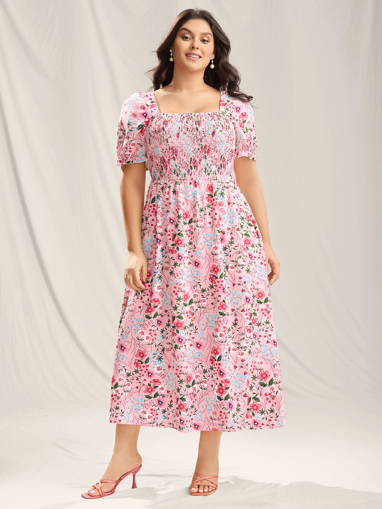 Shirred Floral Print Pockets Maxi Dress - Image 12