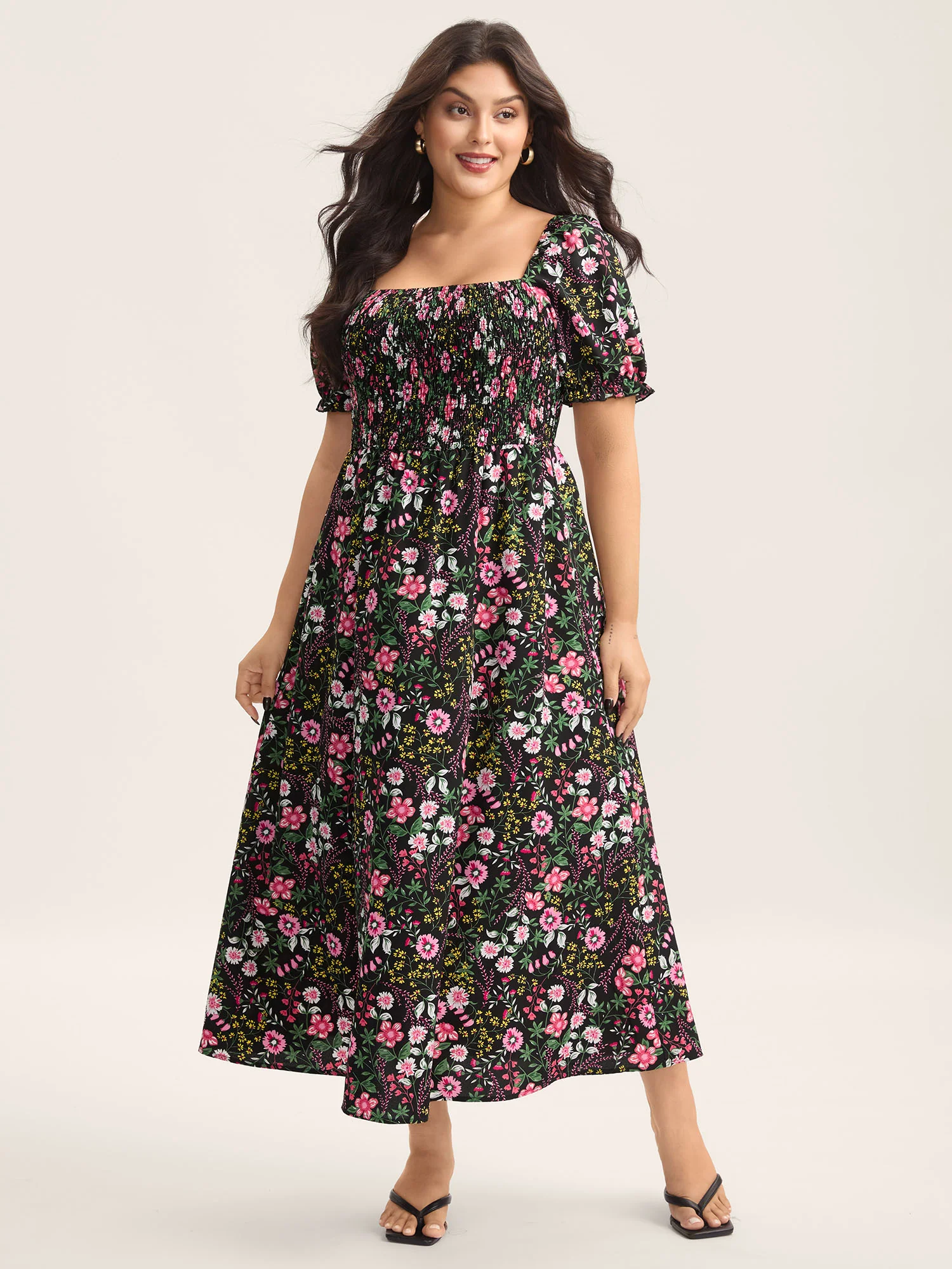 Shirred Floral Print Pockets Maxi Dress - Image 8