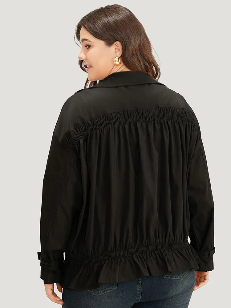 Shirred Lapel Collar Metal Buckle Button Up Coat - Image 2