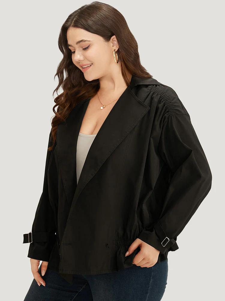 Shirred Lapel Collar Metal Buckle Button Up Coat - Image 3