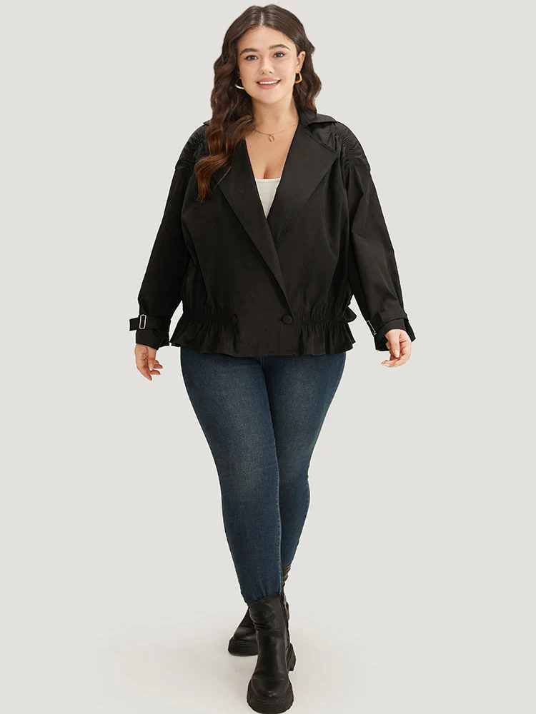 Shirred Lapel Collar Metal Buckle Button Up Coat - Image 4