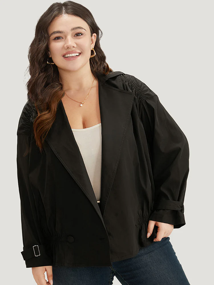 Shirred Lapel Collar Metal Buckle Button Up Coat - Image 5
