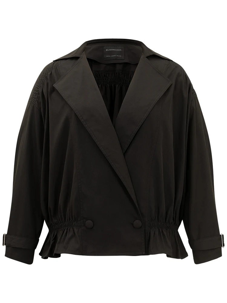 Shirred Lapel Collar Metal Buckle Button Up Coat - Image 9