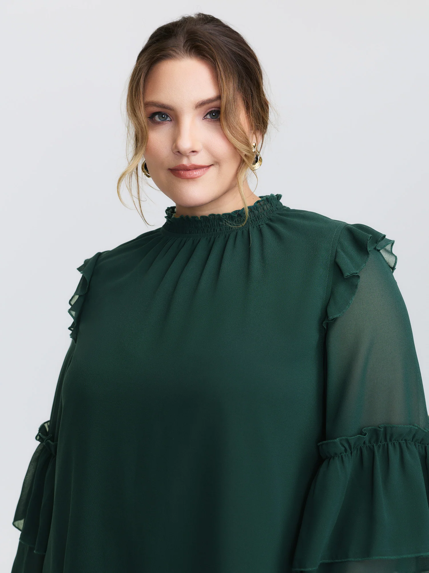 Shirred Layered Ruffled Sheer Sleeve Blouse - Image 2