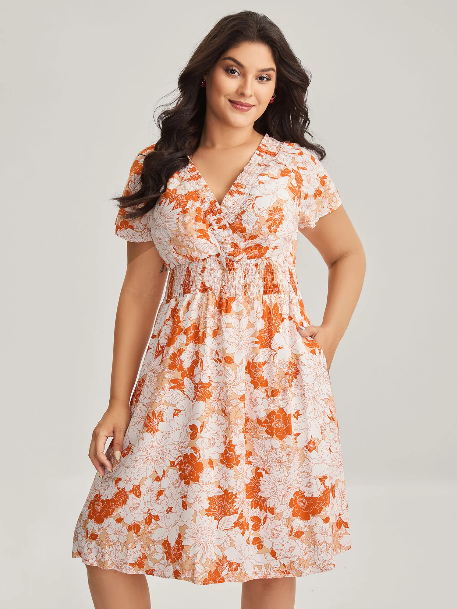 Shirred Neck Floral Print Midi Dress - Image 2