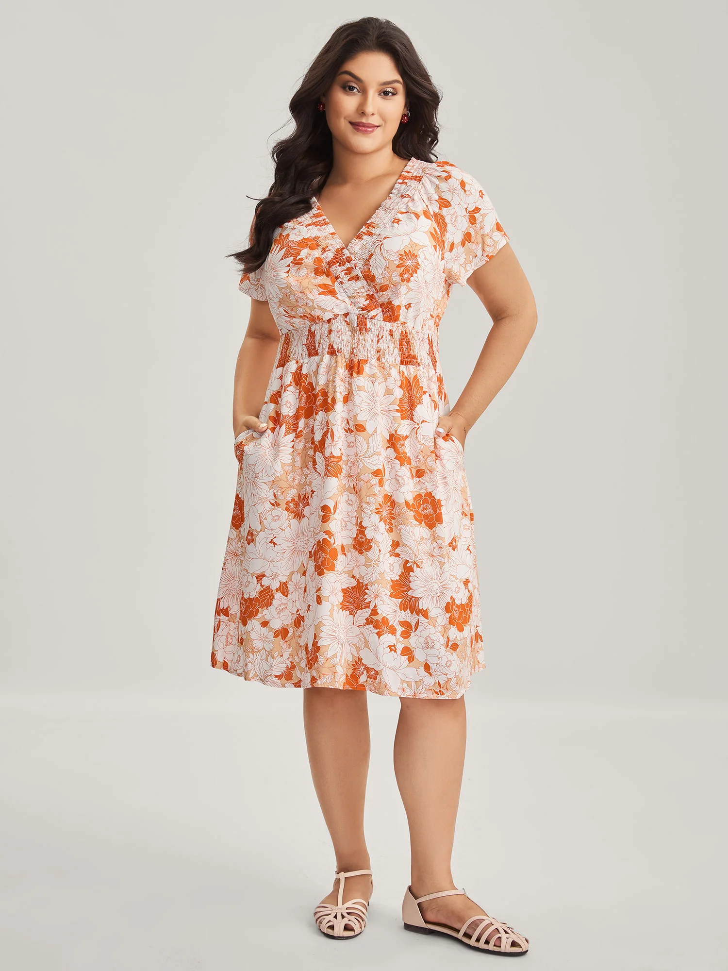 Shirred Neck Floral Print Midi Dress - Image 3