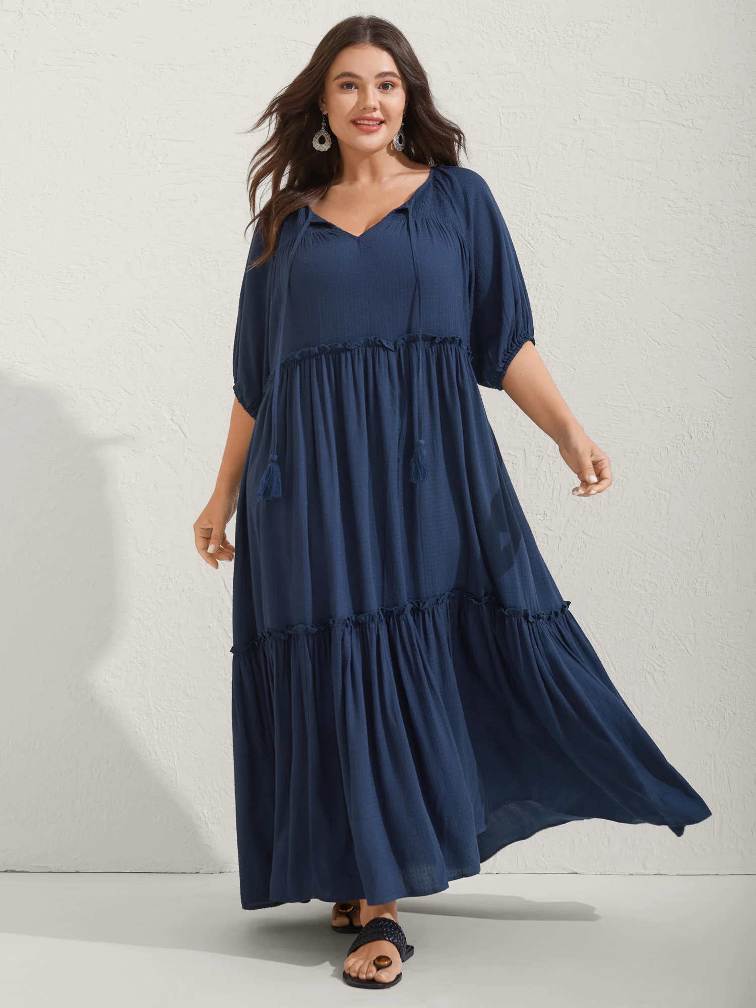 Shirred Neck Tie Tiered Puff Sleeve Dress - Image 3