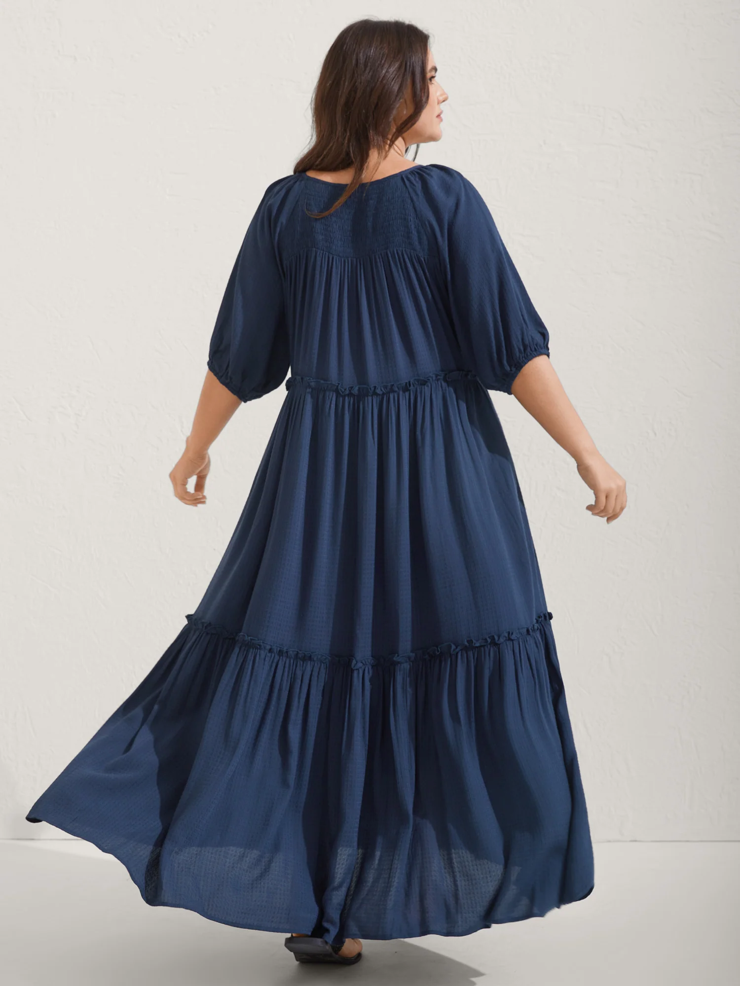 Shirred Neck Tie Tiered Puff Sleeve Dress - Image 4