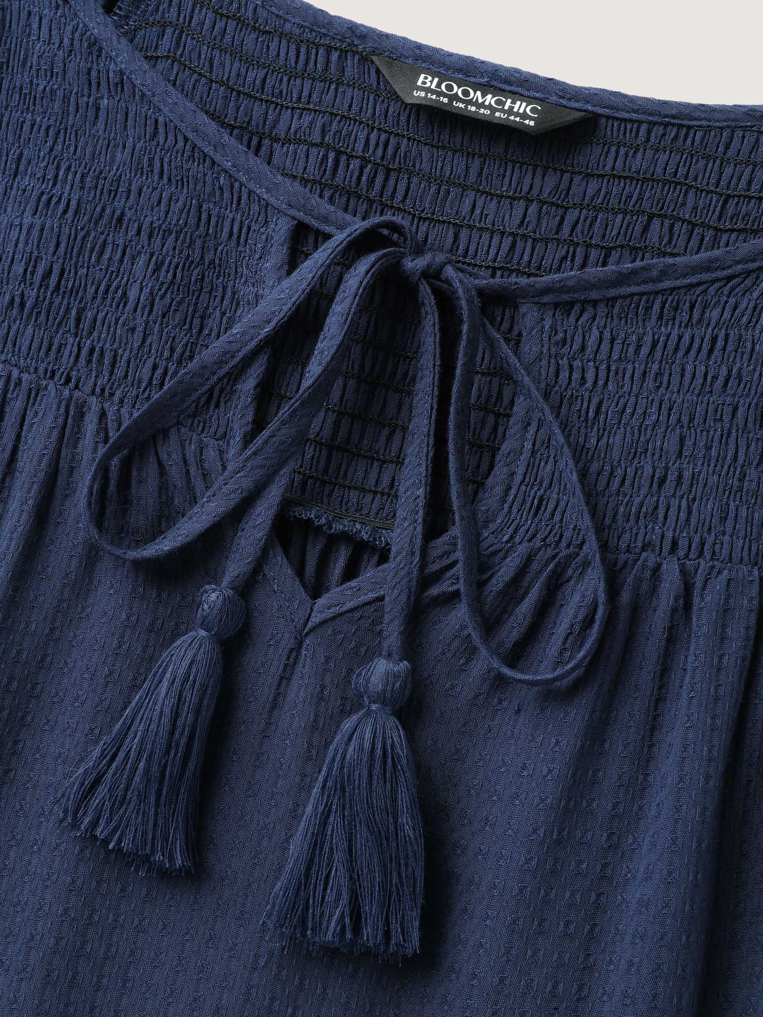 Shirred Neck Tie Tiered Puff Sleeve Dress - Image 5