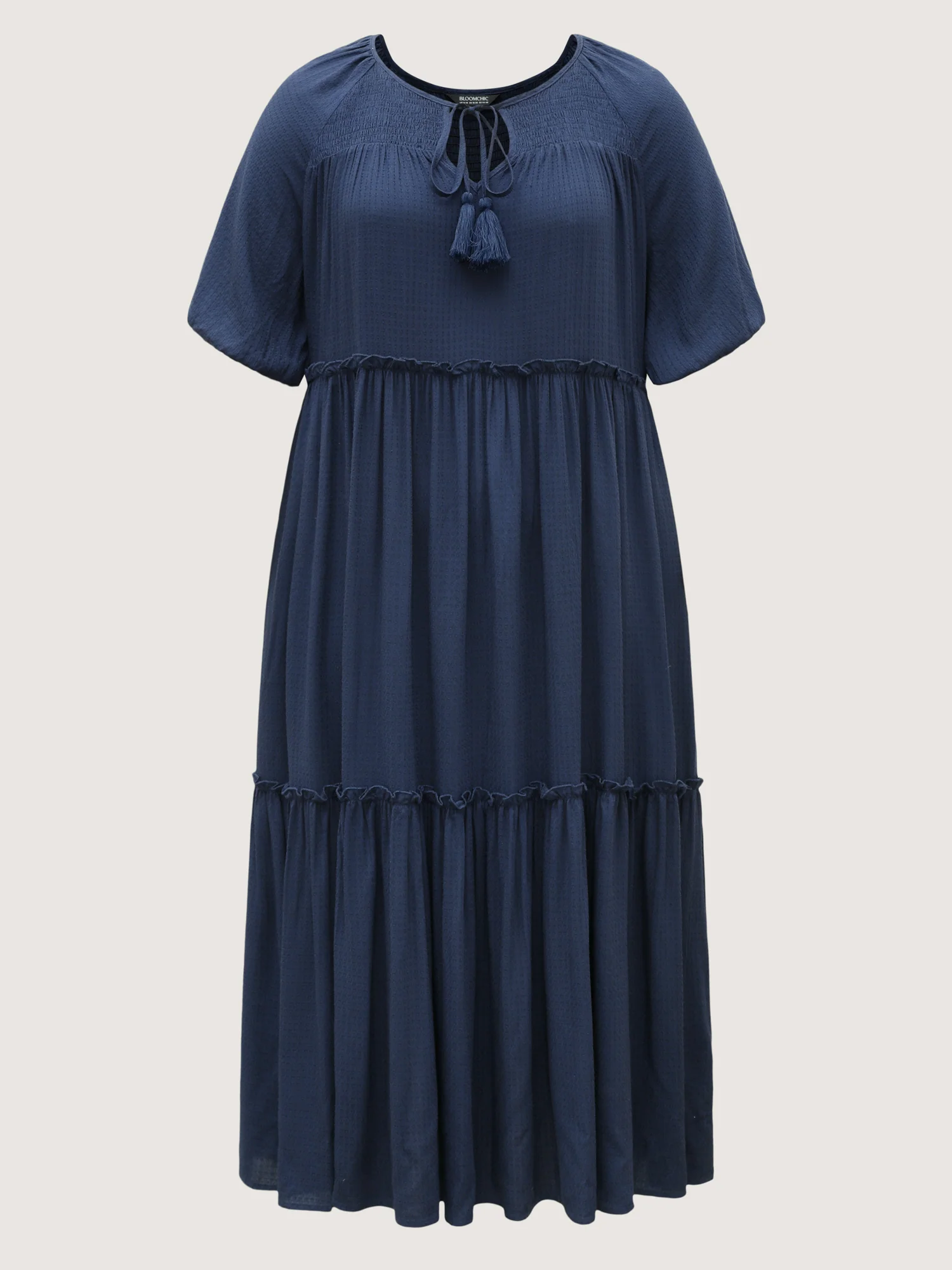 Shirred Neck Tie Tiered Puff Sleeve Dress - Image 7