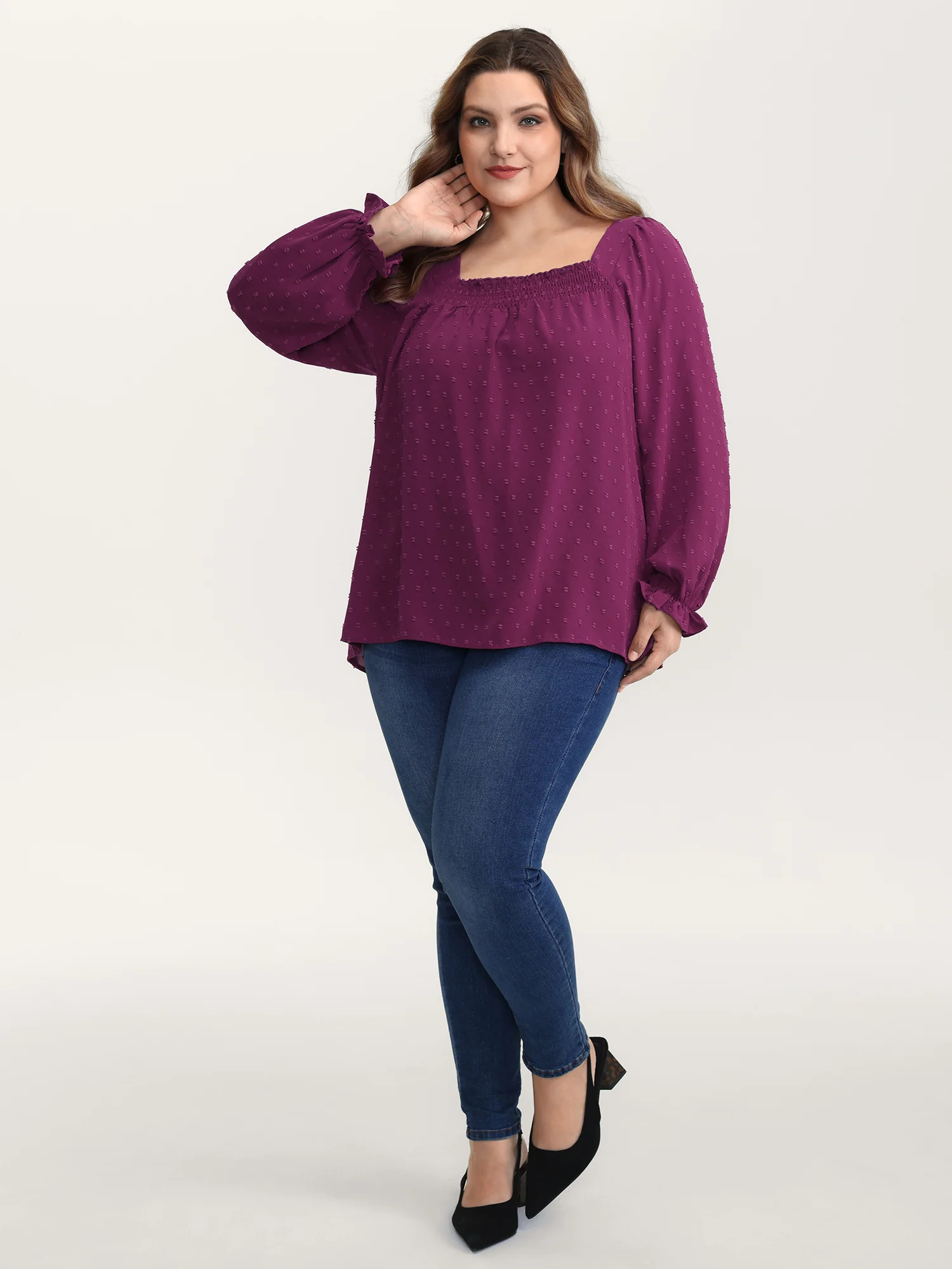 Shirred Neckline Bust-Ease Textured Blouse - Image 4