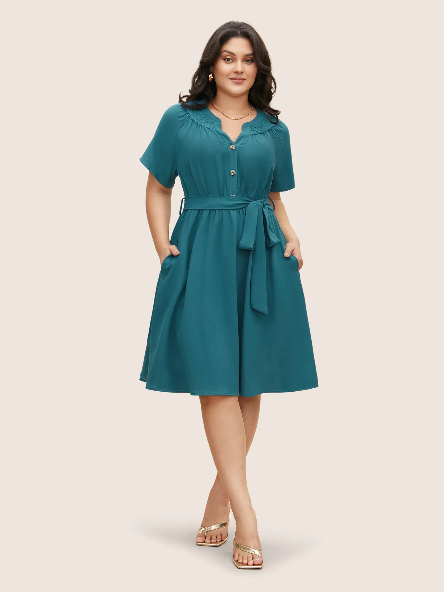 Shirred Notched Button Up Belted Dress - Image 2