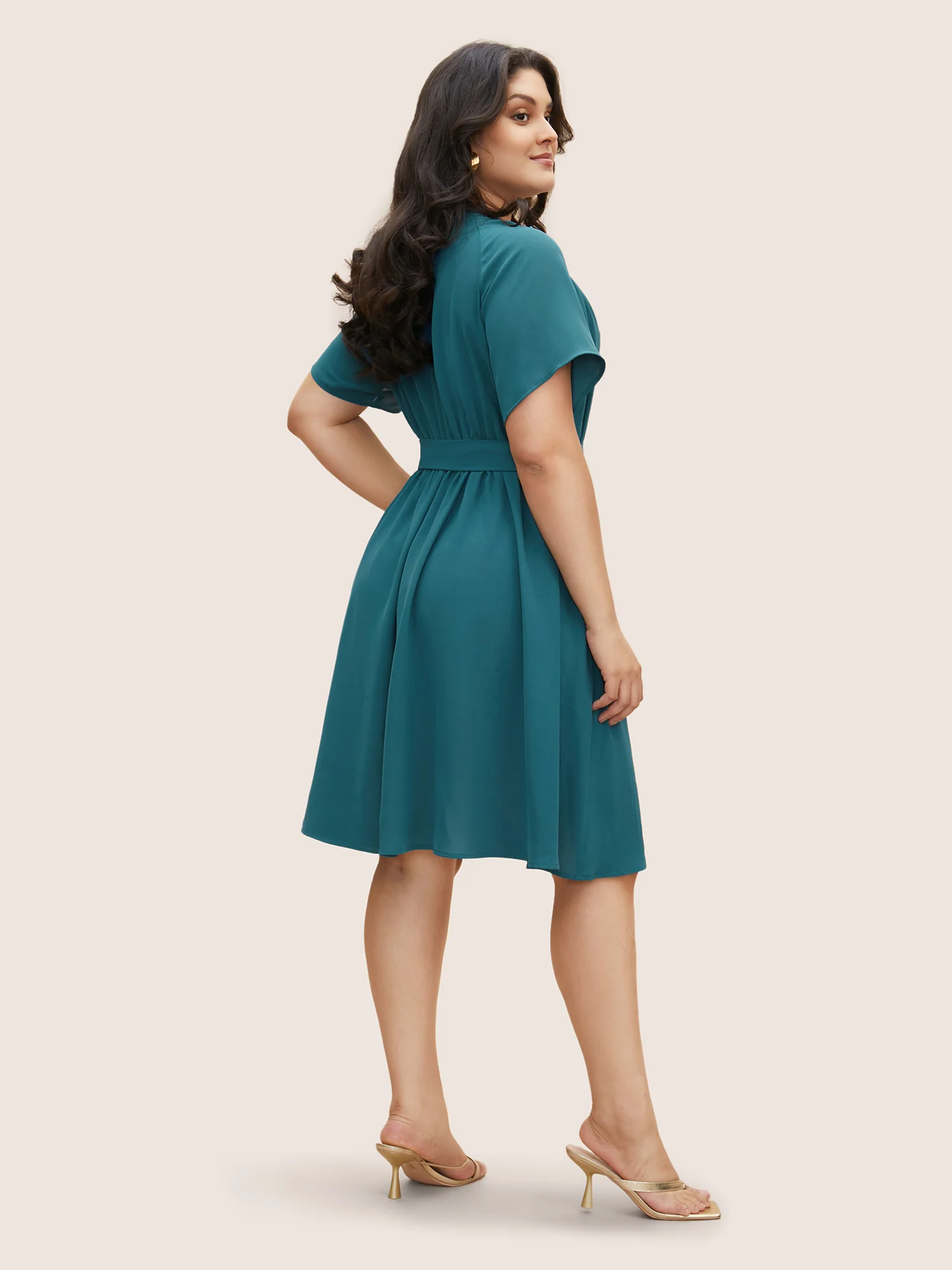 Shirred Notched Button Up Belted Dress - Image 3