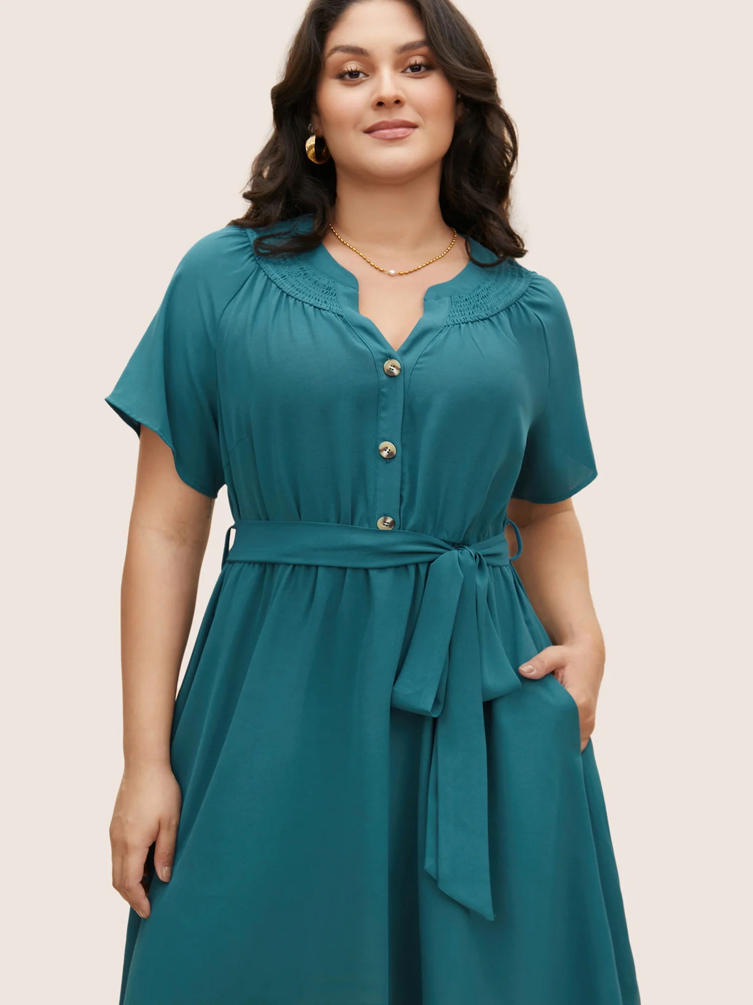 Shirred Notched Button Up Belted Dress - Image 4