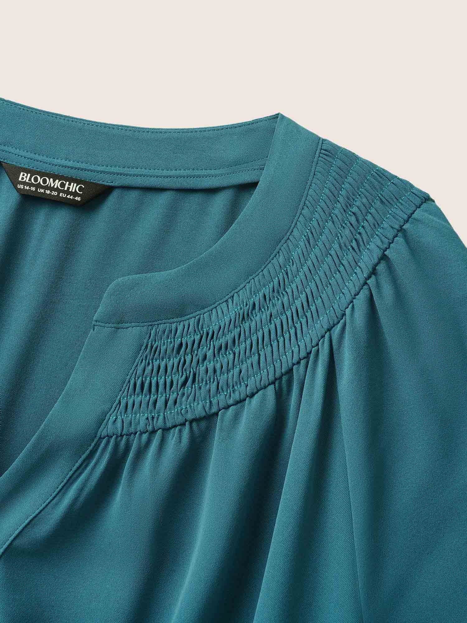 Shirred Notched Button Up Belted Dress - Image 5