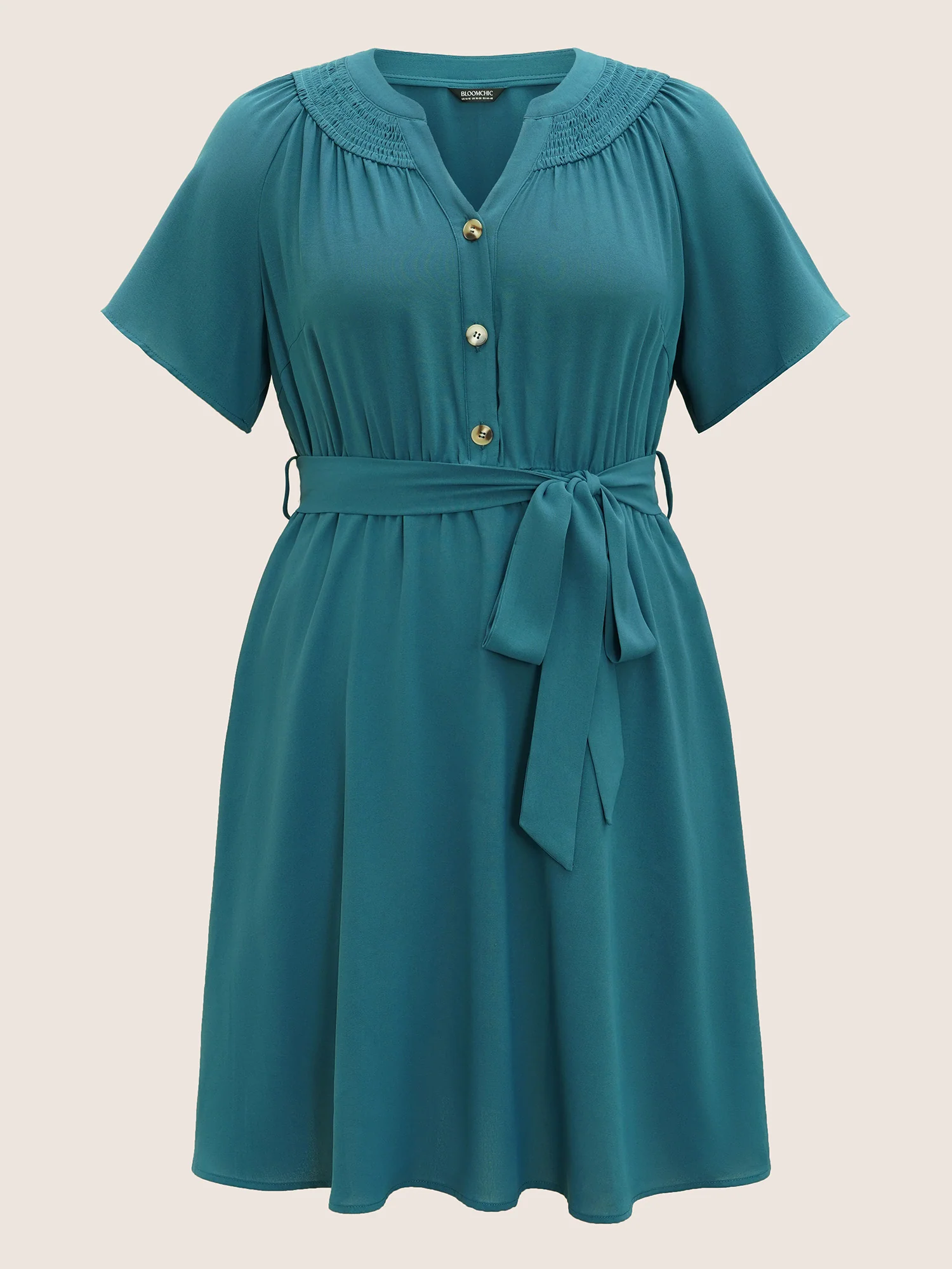 Shirred Notched Button Up Belted Dress - Image 7