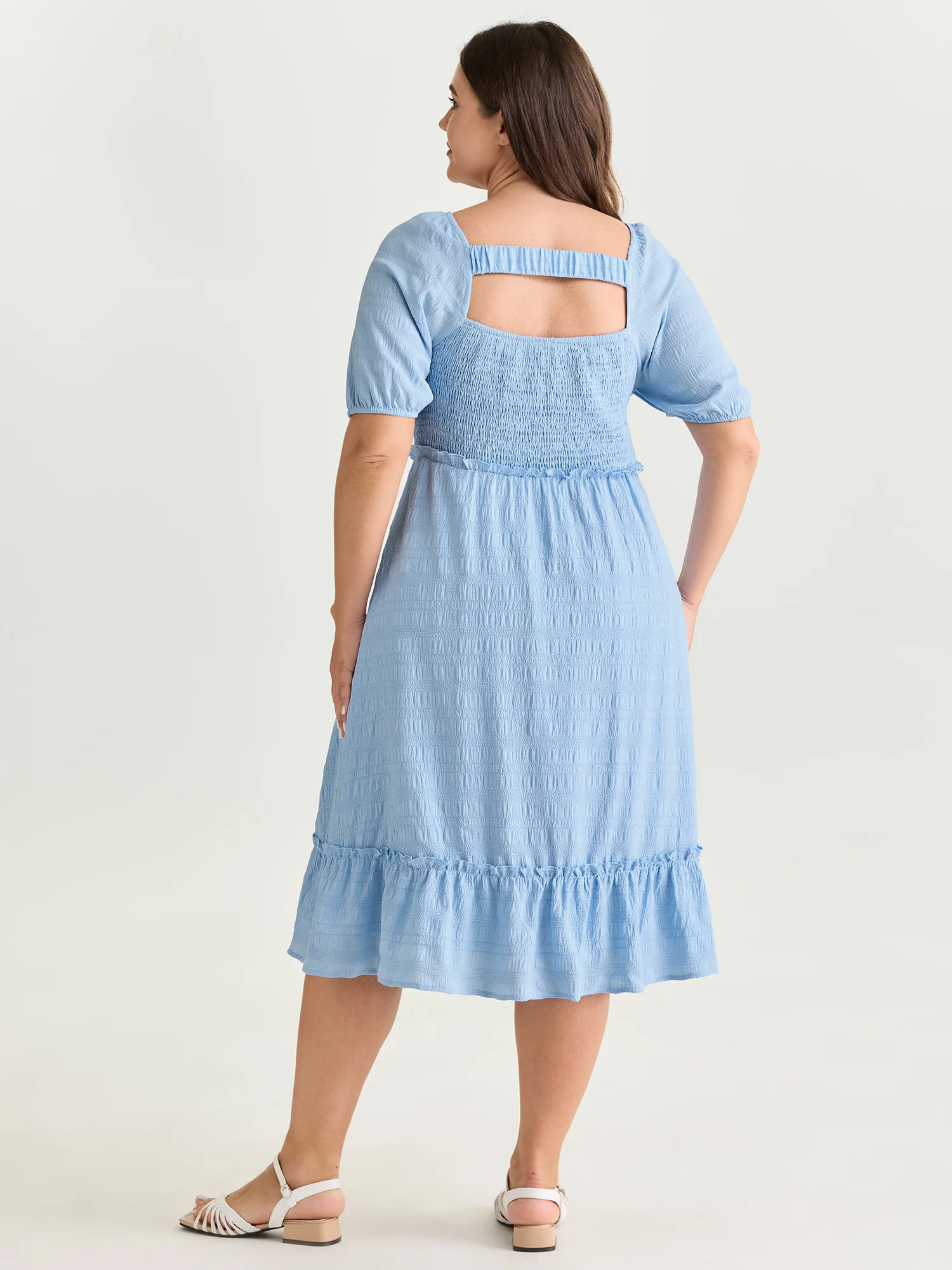 Shirred Open Back Ruffled Hem Midi Dress - Image 5