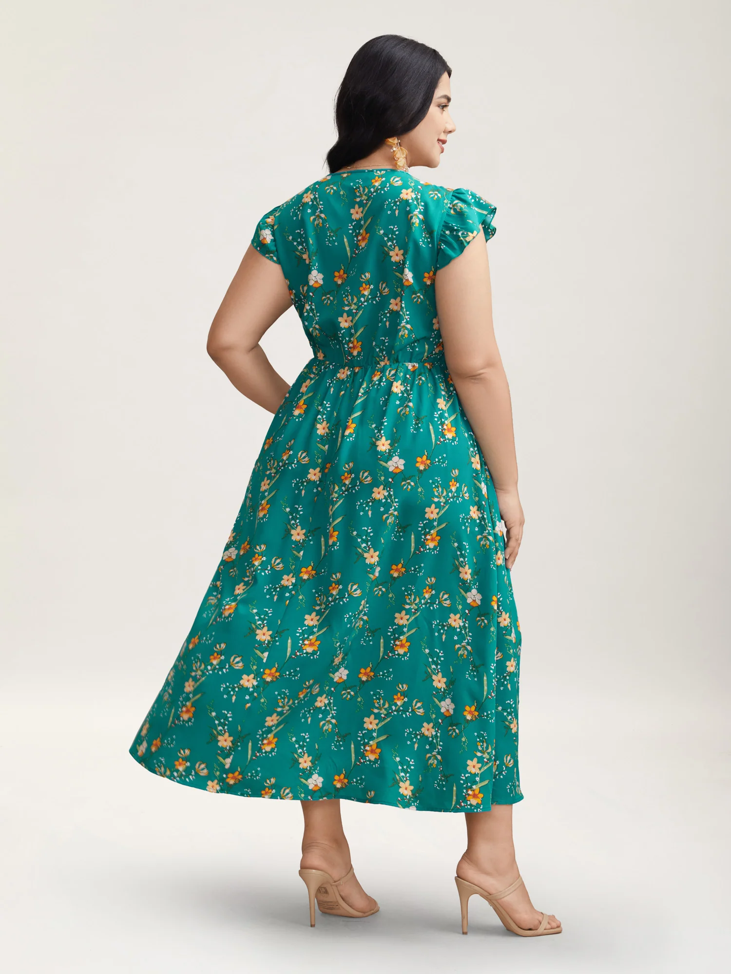Shirred Printed Flutter Sleeve Pockets Midi Dress - Image 5