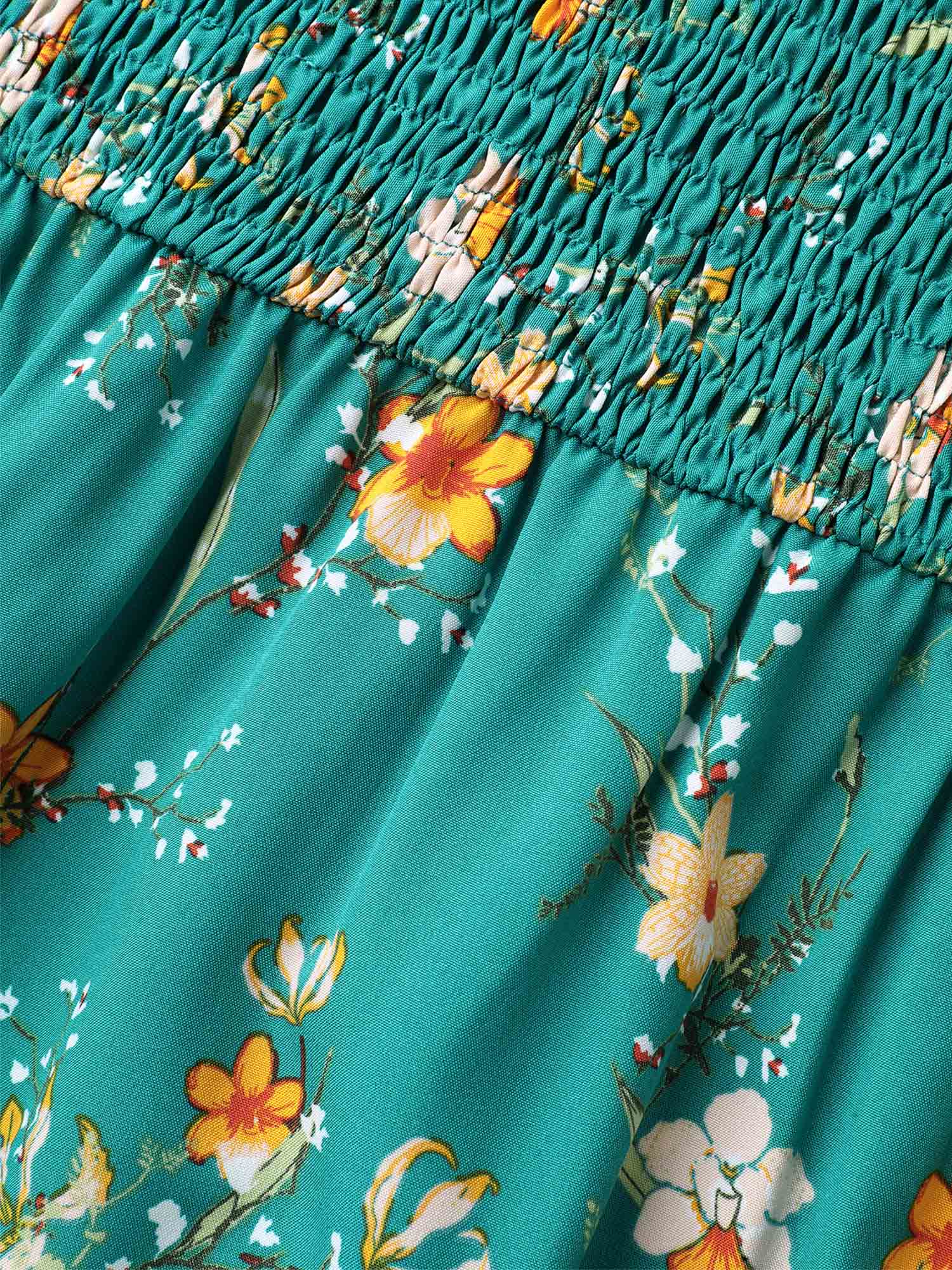 Shirred Printed Flutter Sleeve Pockets Midi Dress - Image 6