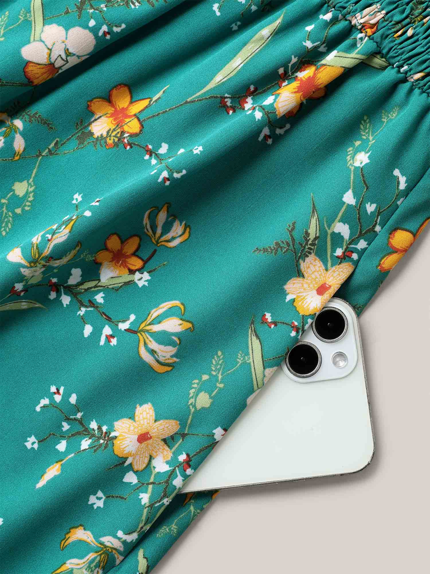 Shirred Printed Flutter Sleeve Pockets Midi Dress - Image 7
