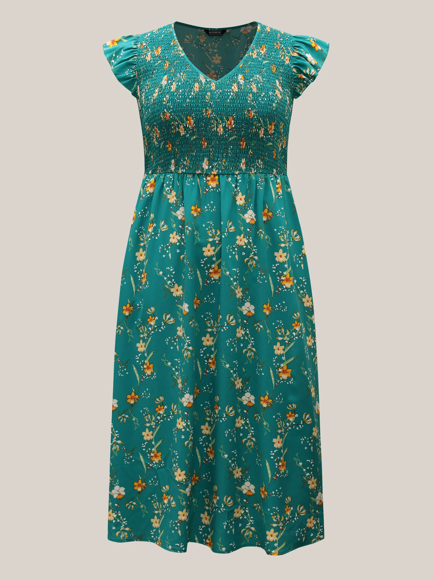 Shirred Printed Flutter Sleeve Pockets Midi Dress - Image 8