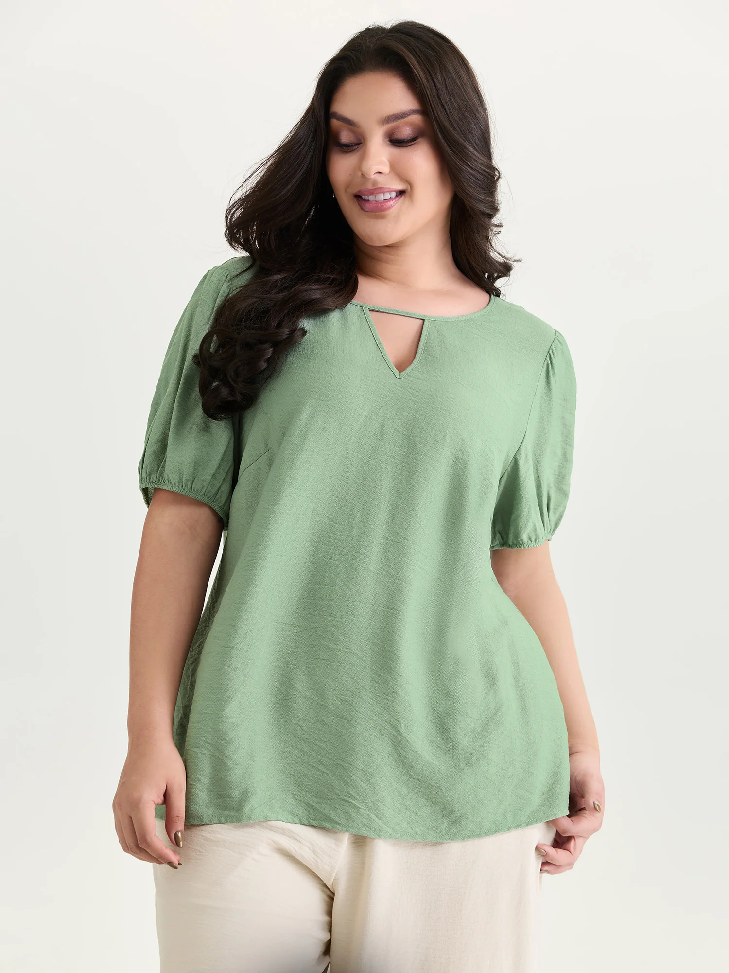 Shirred Puff Sleeve Keyhole Neckline Blouse - Image 2