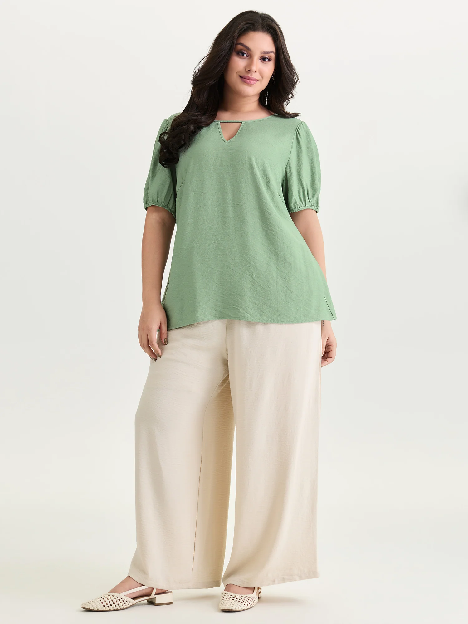 Shirred Puff Sleeve Keyhole Neckline Blouse - Image 3