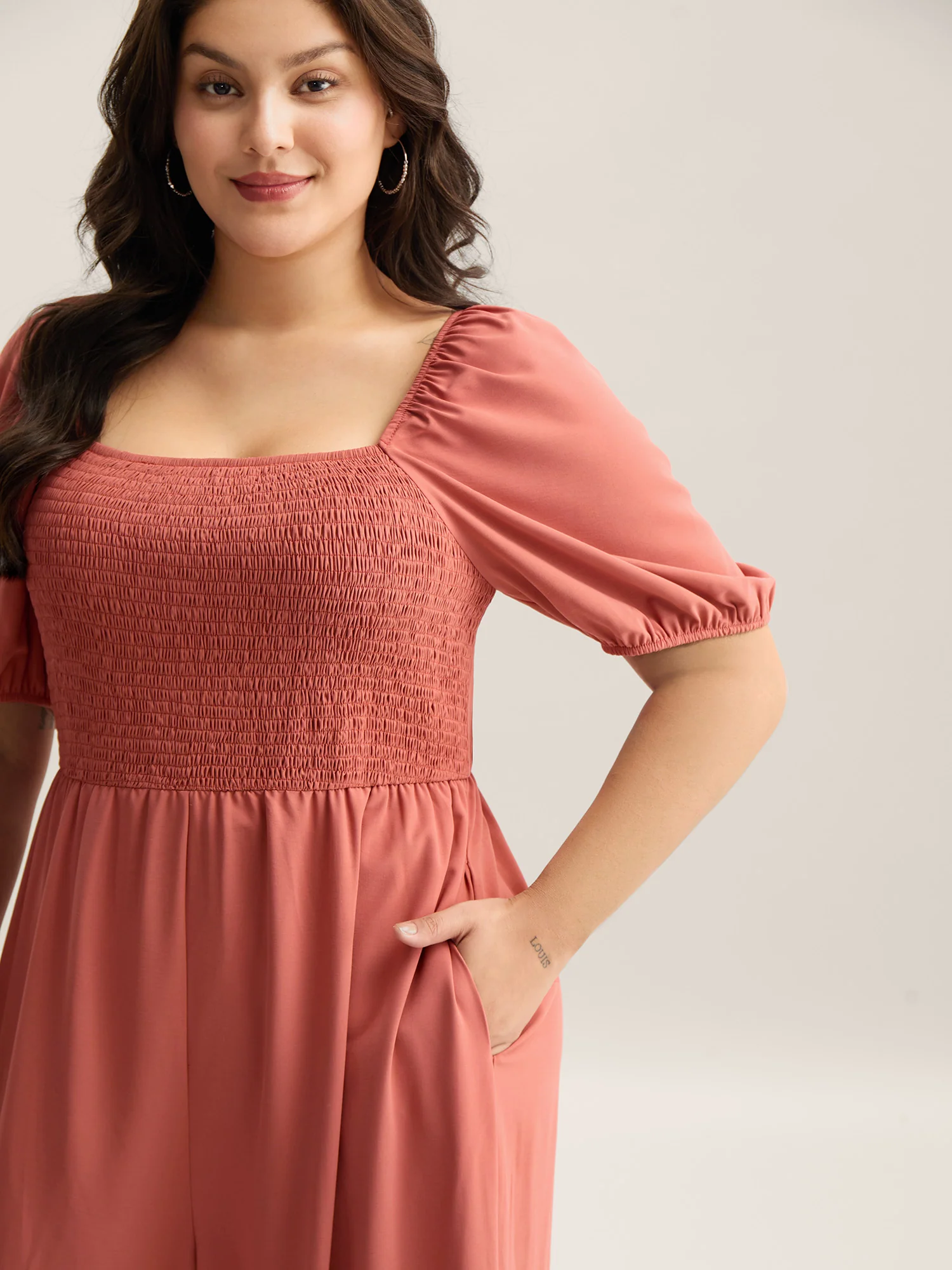 Shirred Puffy Sleeve Pockets Jumpsuit