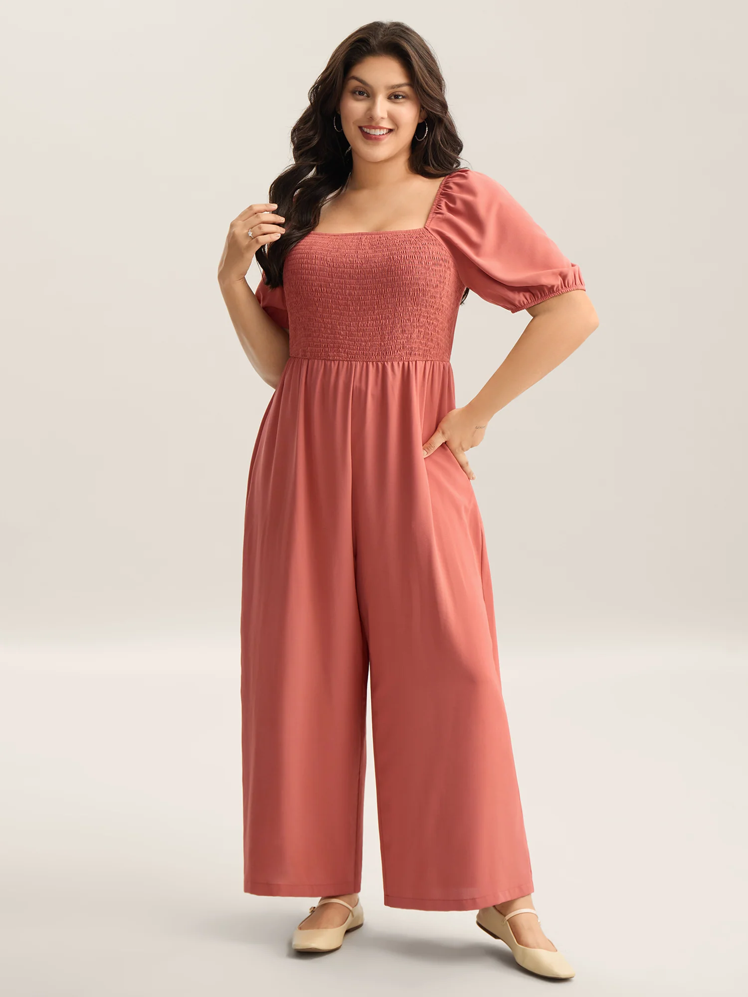 Shirred Puffy Sleeve Pockets Jumpsuit - Image 2
