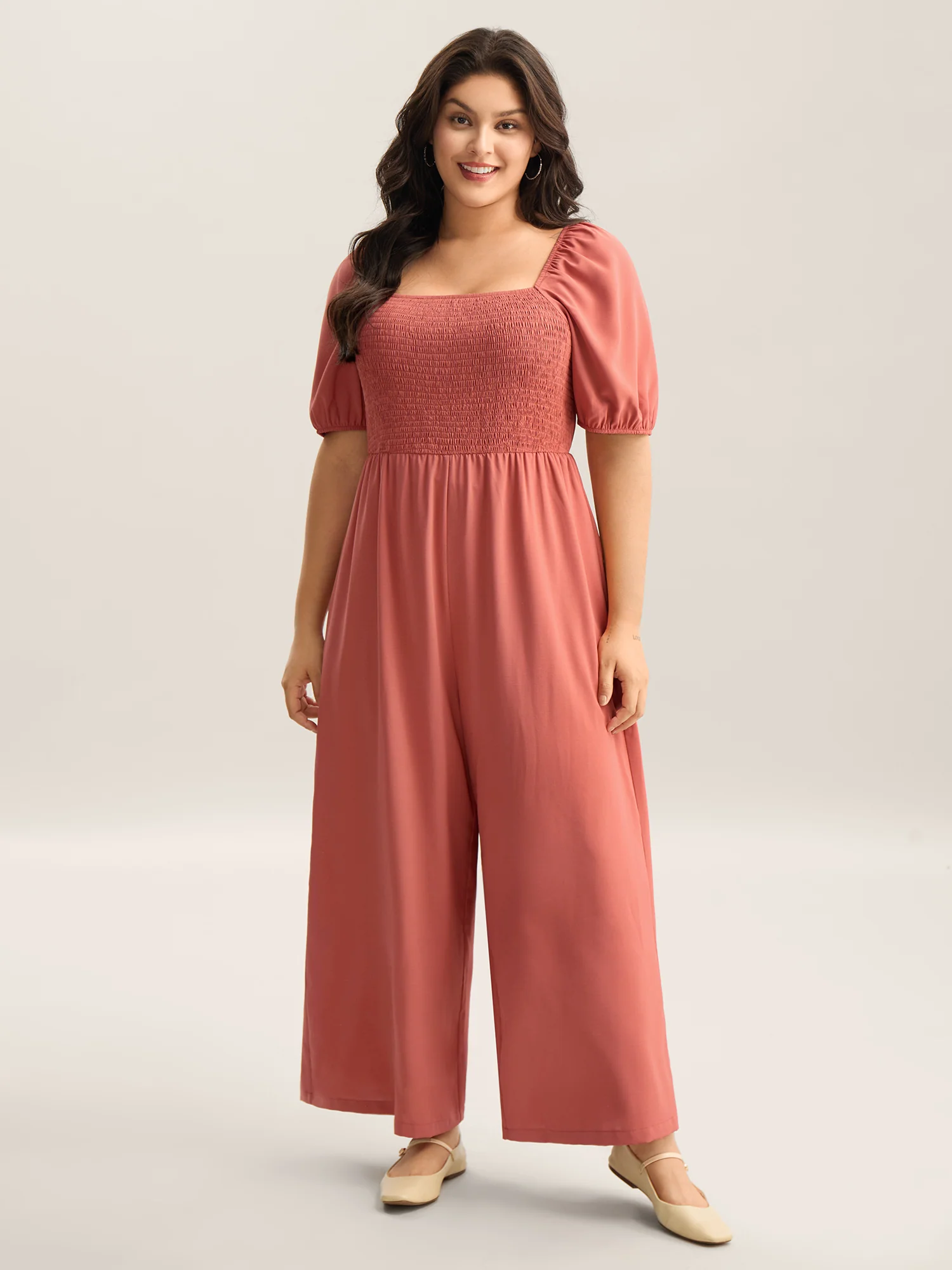 Shirred Puffy Sleeve Pockets Jumpsuit - Image 3