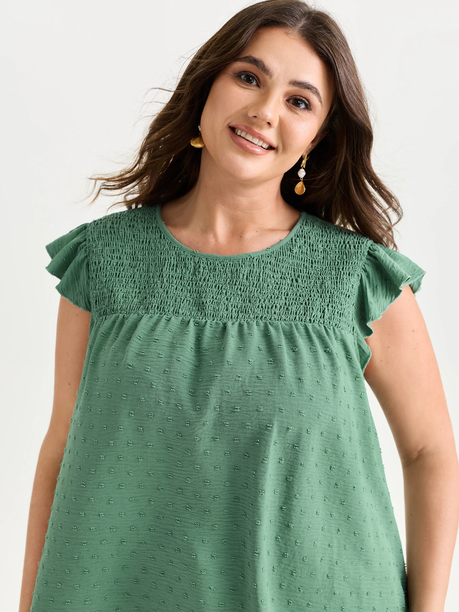Shirred Round Neckline Flutter Sleeve Blouse - Image 2
