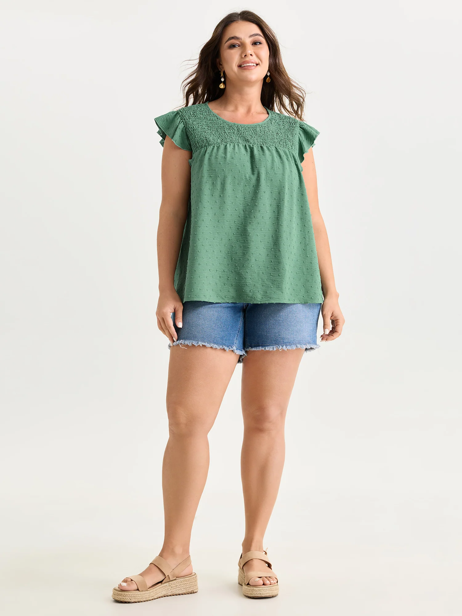 Shirred Round Neckline Flutter Sleeve Blouse - Image 3
