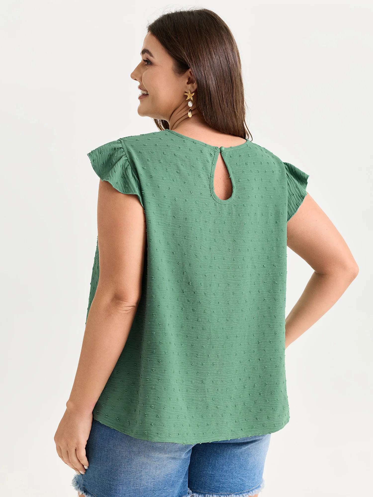 Shirred Round Neckline Flutter Sleeve Blouse - Image 4