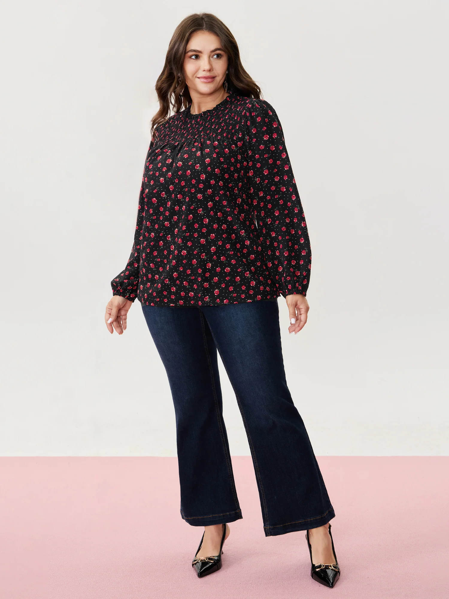 Shirred Ruffled Collar Floral Blouse - Image 2