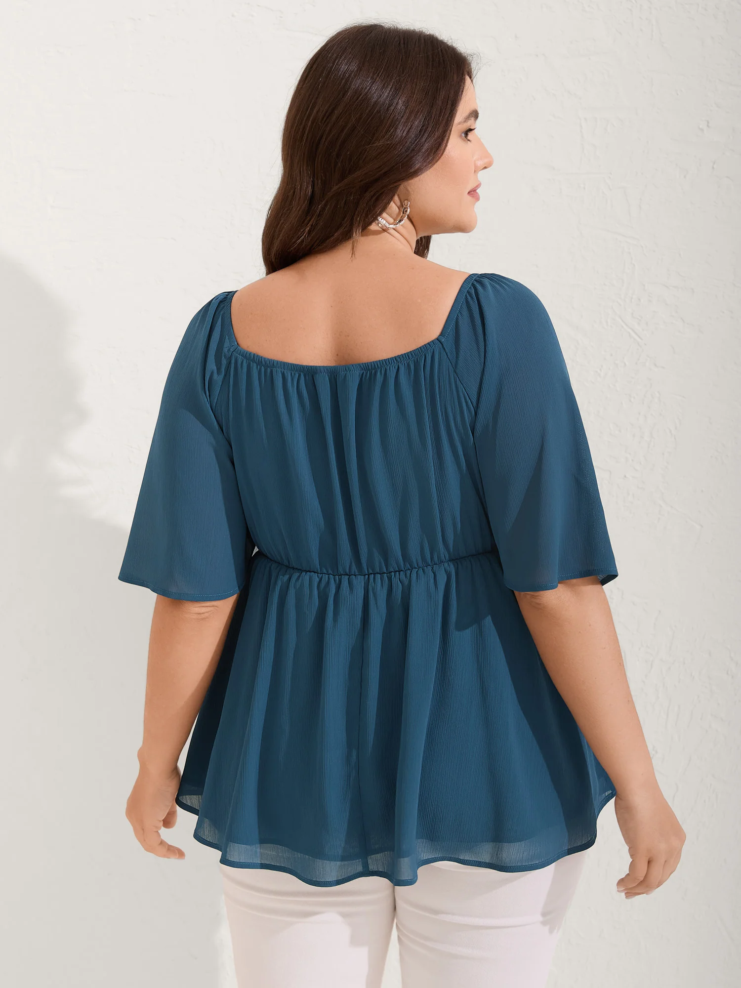 Shirred Ruffled Sleeve Color Contrast Blouse - Image 4