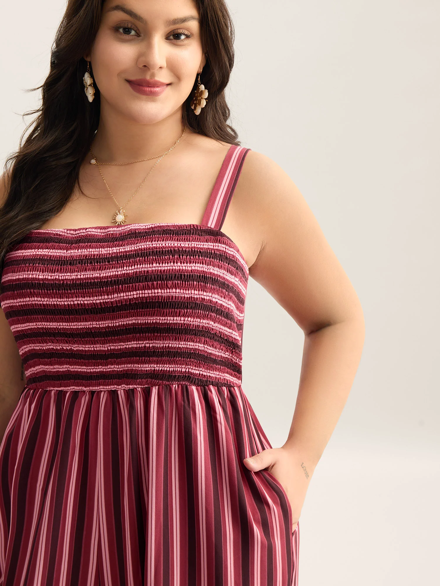 Shirred Stripes Adjustable Pockets Jumpsuit - Image 2