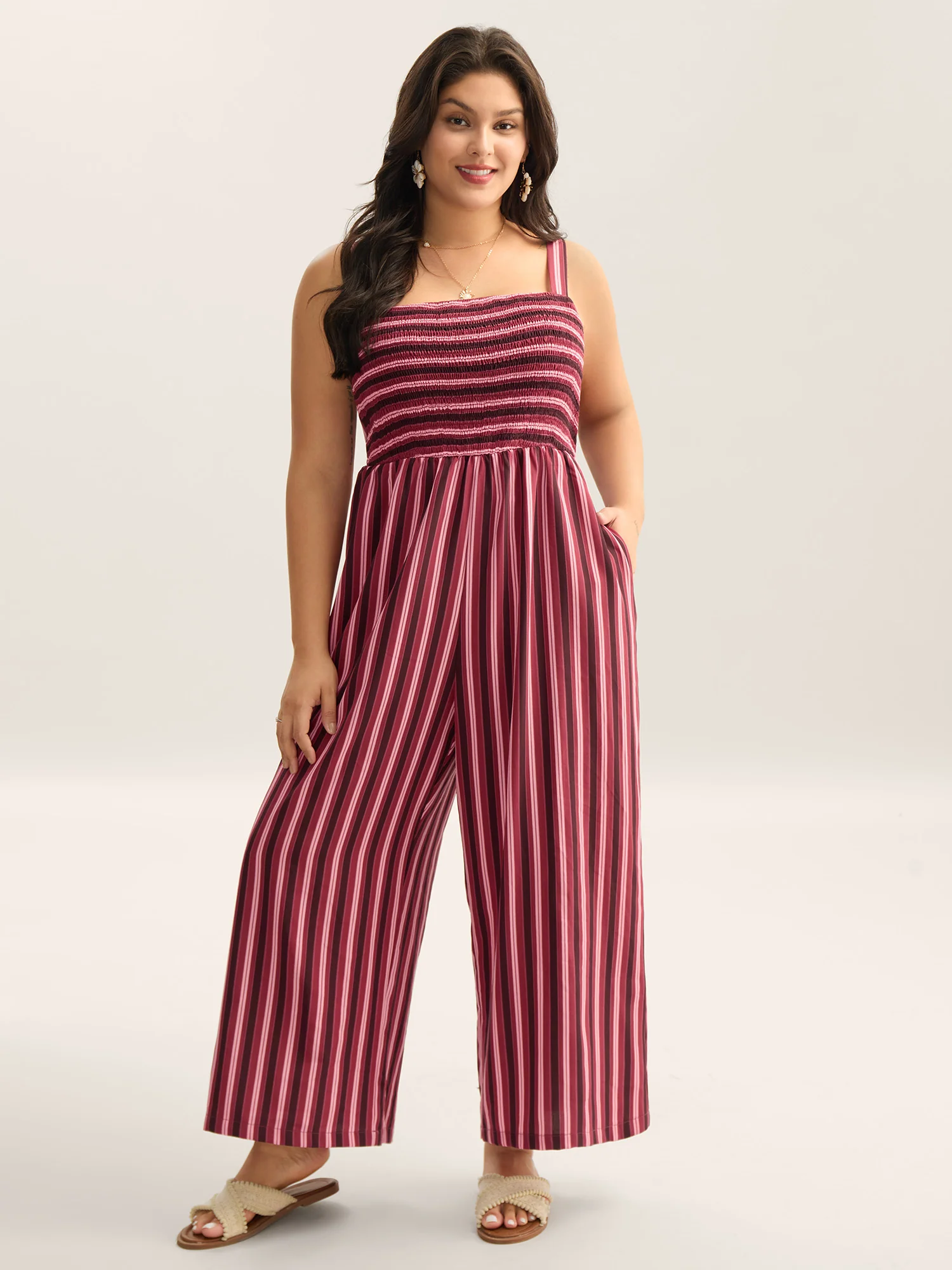 Shirred Stripes Adjustable Pockets Jumpsuit - Image 3