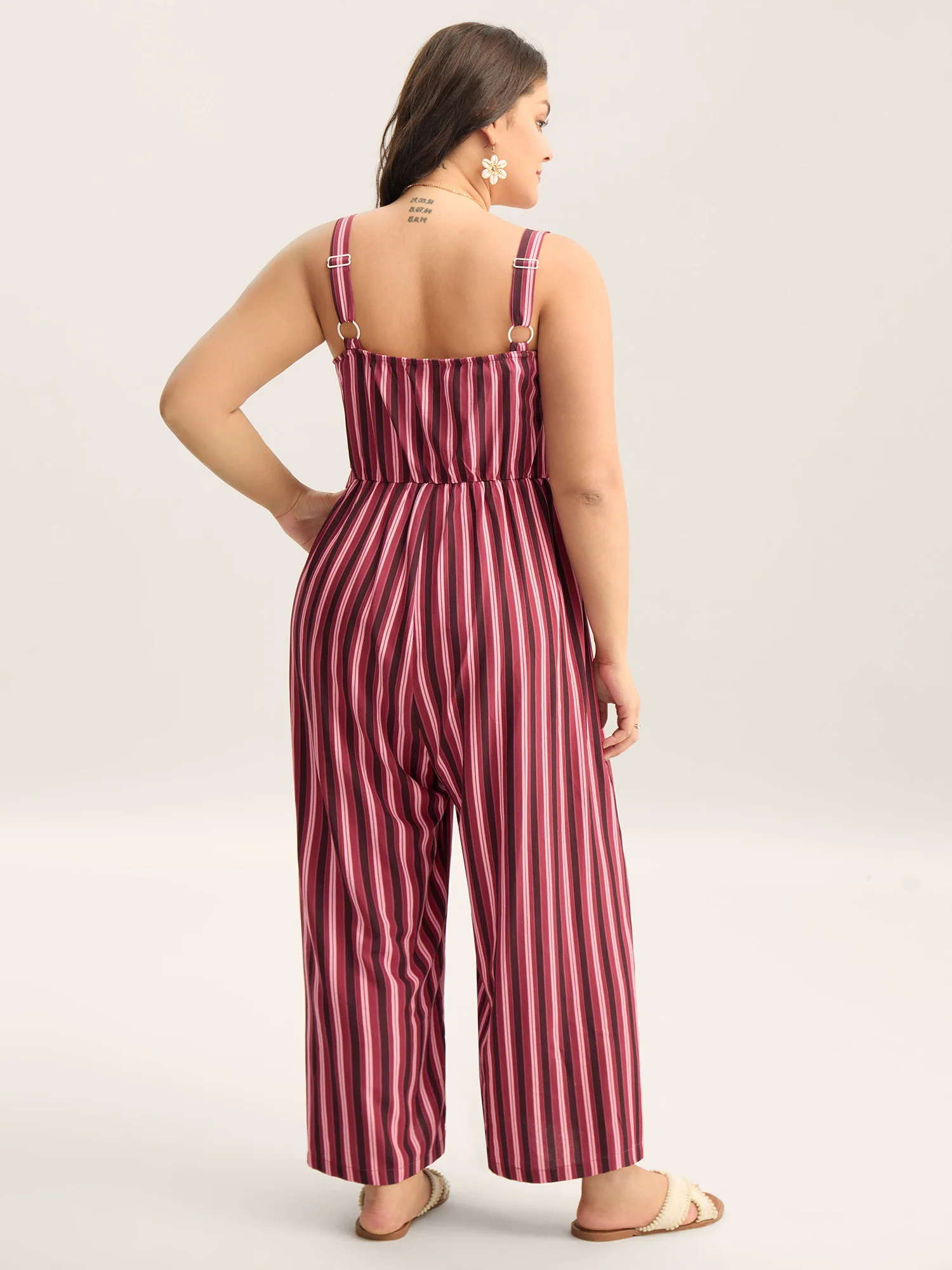 Shirred Stripes Adjustable Pockets Jumpsuit - Image 4