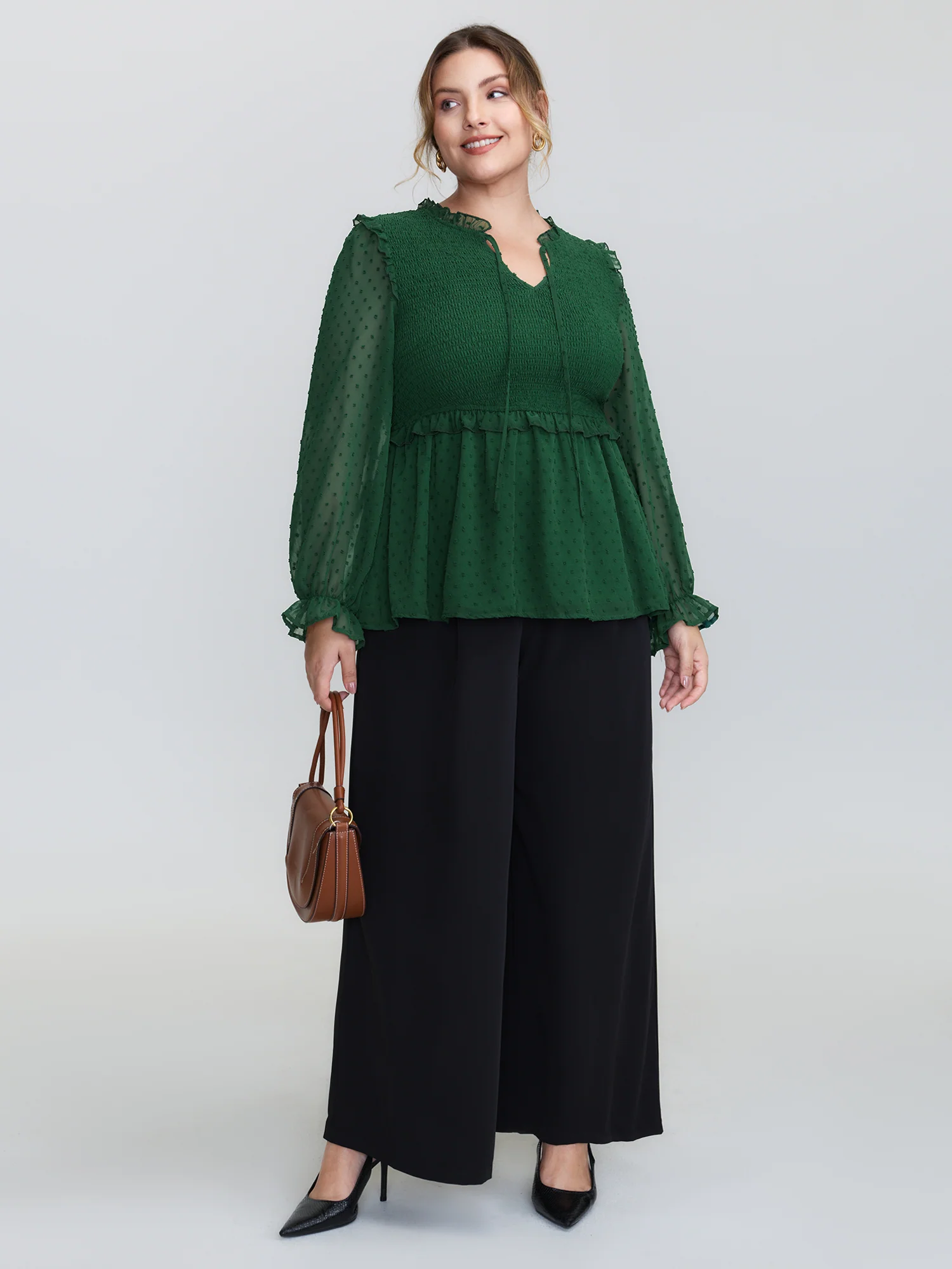 Shirred Textured Neck-Tie Blouse - Image 2