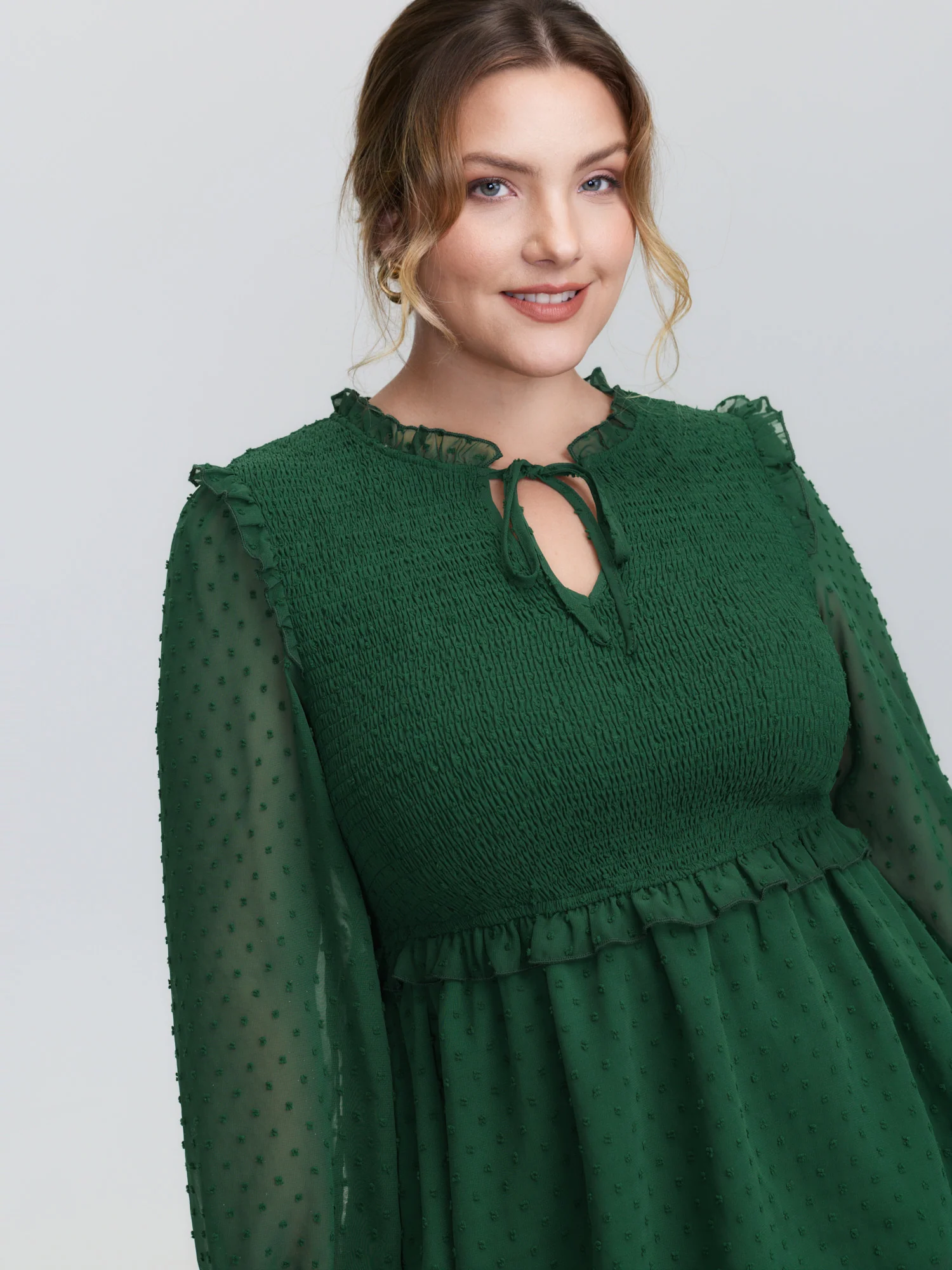 Shirred Textured Neck-Tie Blouse - Image 3
