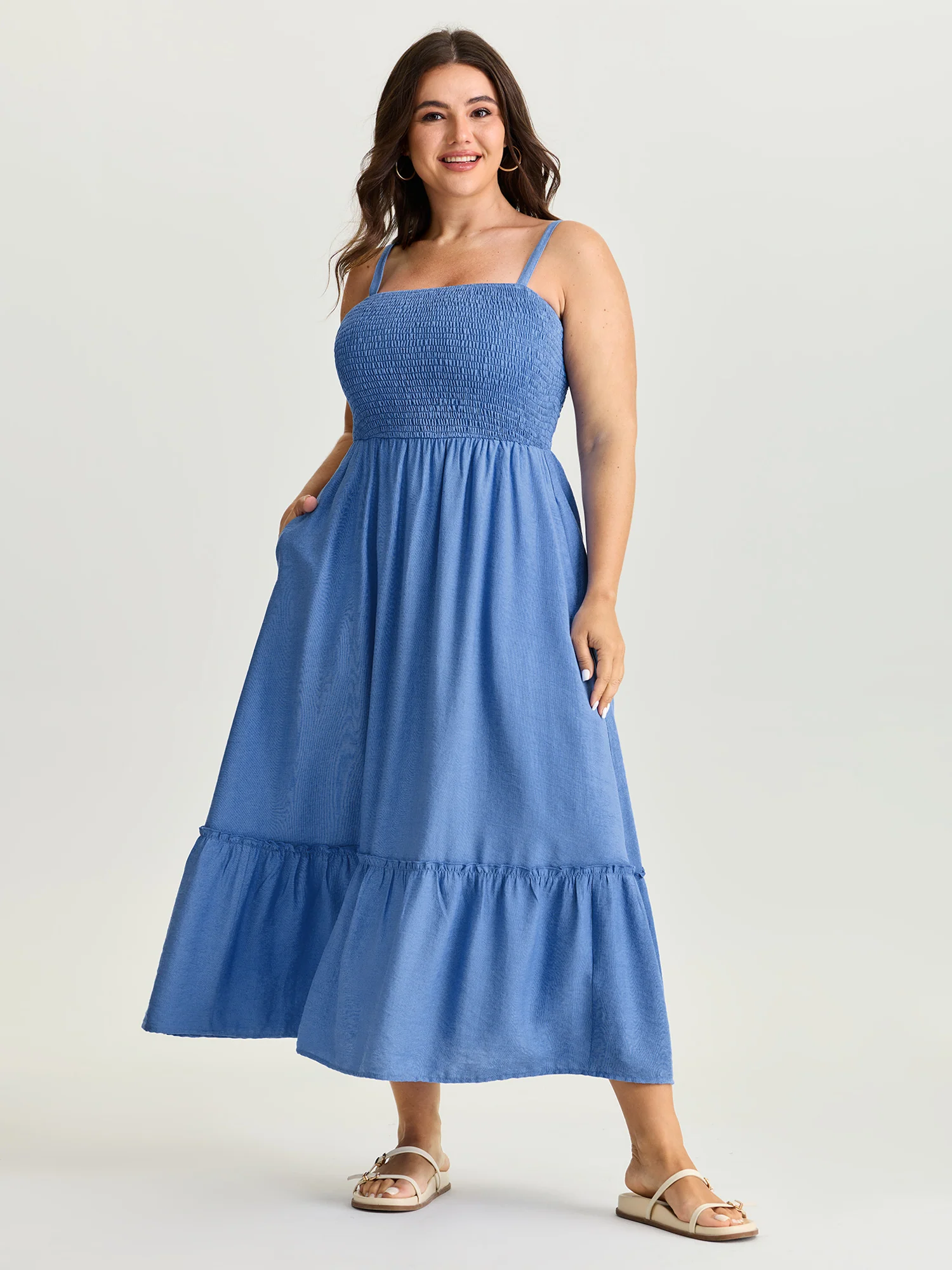 Shirred Tiered Hem Plain Maxi Dress - Image 3