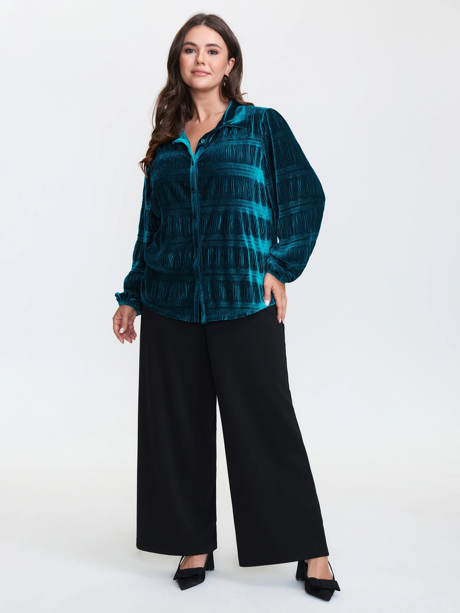 Shirred Velvet Relaxed-Fit Button Down Shirt - Image 3